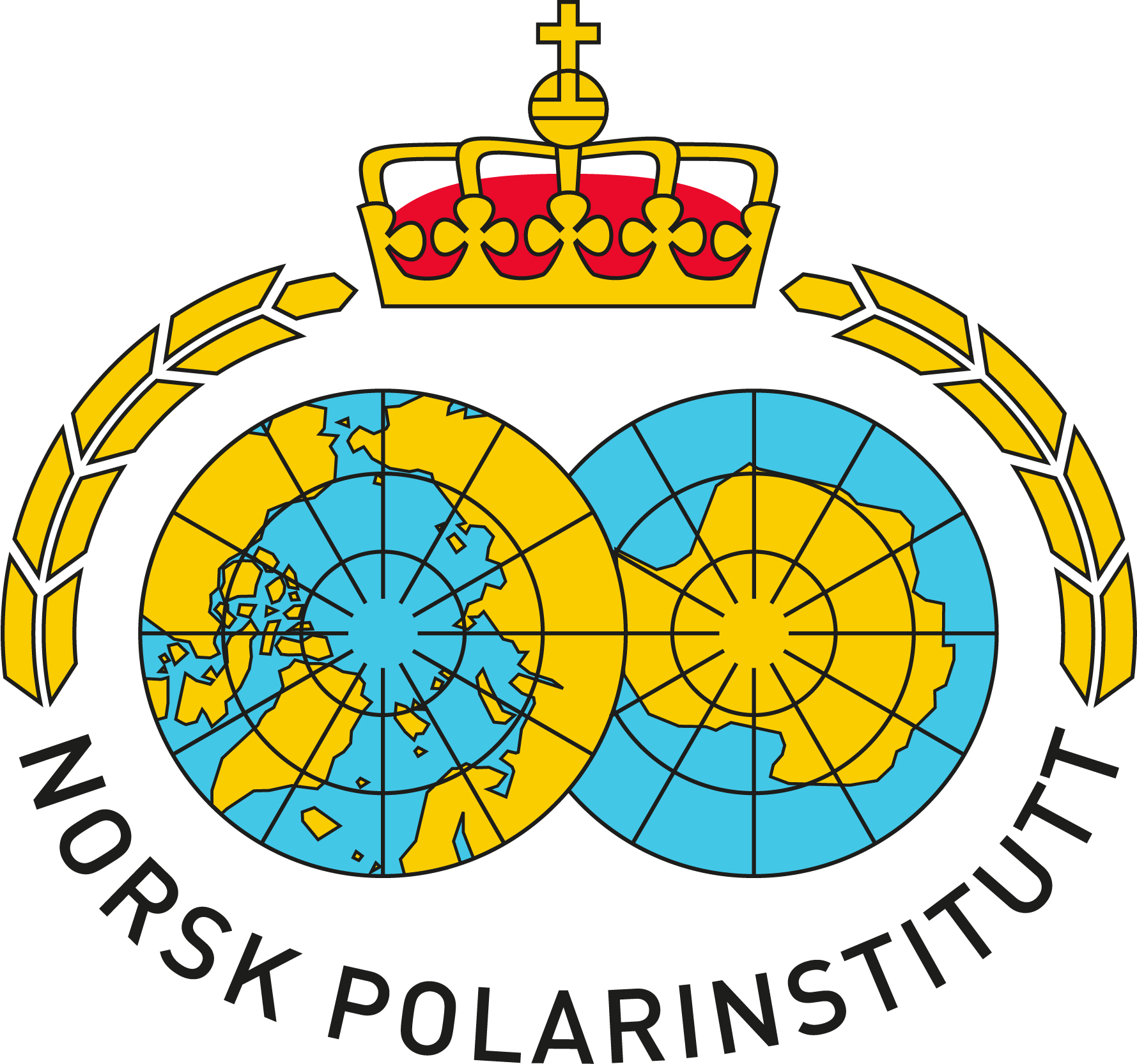 Logo for Norsk Polarinstitutt, med to kart over Arktis og Antarktis i blått og gult, krone på toppen og laurbærgrener på sidene. Instituttets navn er skrevet under i svart. Symboliserer Norges polarengasjement og forskningsaktivitet i nord- og sørpolområdene.