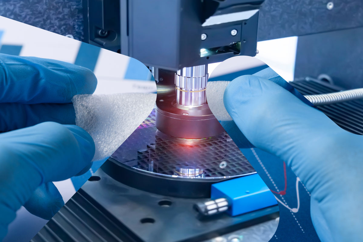 Nanoteknologibilde, blått digitalt bilde, to bilder kombinert, hendene på forsker med hansker som holder et materiale